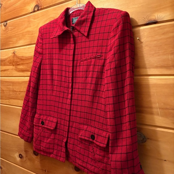 Lauren Ralph Lauren  Wool Plaid Blazer Women's Red/black Zip Pockets - Picture 2 of 12